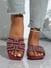 Summer Wide-Width Women's Luxury Inspired Chain Cutout Open Toe Minimalist Brown Crystal Embellished Slide Sandals - Plus Size Comfortable Versatile Beach Slippers