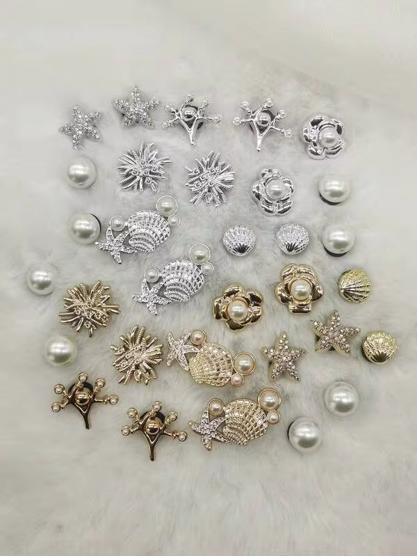 16PCS Golden Silvery Ocean Starfish Shell ABS Shoe Charms DIY Accessories Bling Rhinestone Seaweed Shoe Buckles Decorations Flower Clogs Shoe Clips