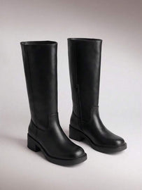 Womens Square Toe Chunky Block Heel Knee High Boots Banana Campus Boots For Women Casual Comfortable Low Heel Side Zipper Riding Tall Boots