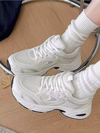 New Women Casual Sneakers,Chunky Sneakers,Shoes,White Shoes,Lace-Up Round Toe Mixed Material Breathable Versatile Outdoor Hiking Casual CommutingShoes